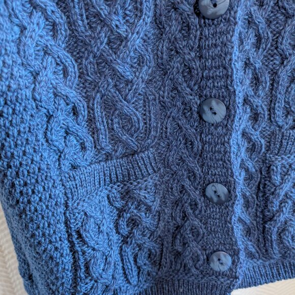 Aran Crafts Irish Merino Wool Cardigan Blue Cable Knit Coastal Fisherman Large - Picture 8 of 12